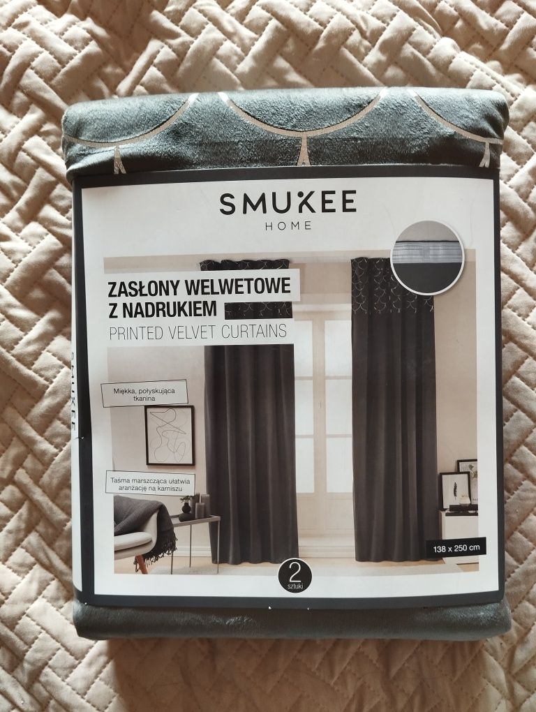 2 szare zasłony aksamitne welwetowe welurowe Smukee glamour 2x zasłona