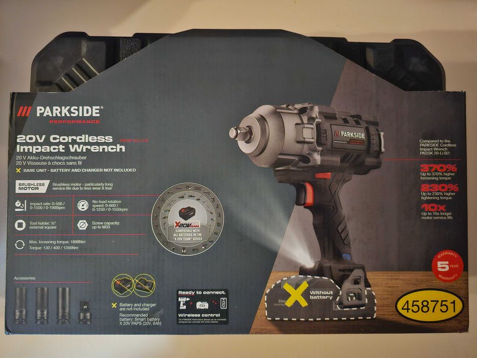 Klucz udarowy PARKSIDE PERFORMANCE 20 V, 1/2", PASSP 20-Li C4 5 LAT GW