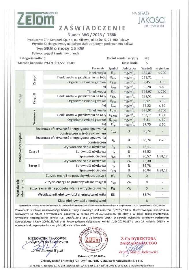 Kocioł / piec C.O. KRZACZEK SKG 15kW MC 5 KLASA