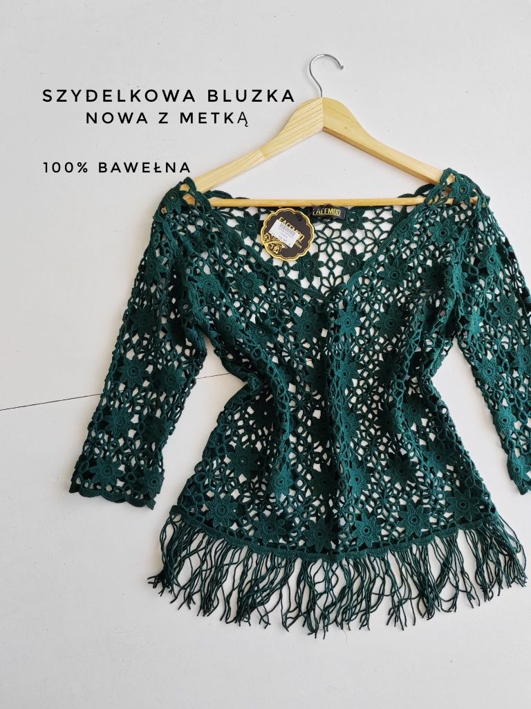 Szydelkowa bluzka dekolt V ażurowa bluzka butelkowa zieleń