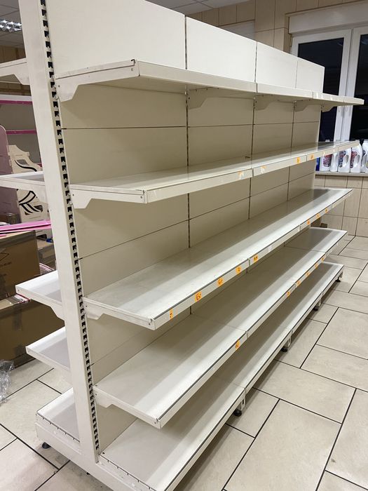 Regaly sklepowe metalowe dwustronne srodkowe 5 półek oraz przyscienne