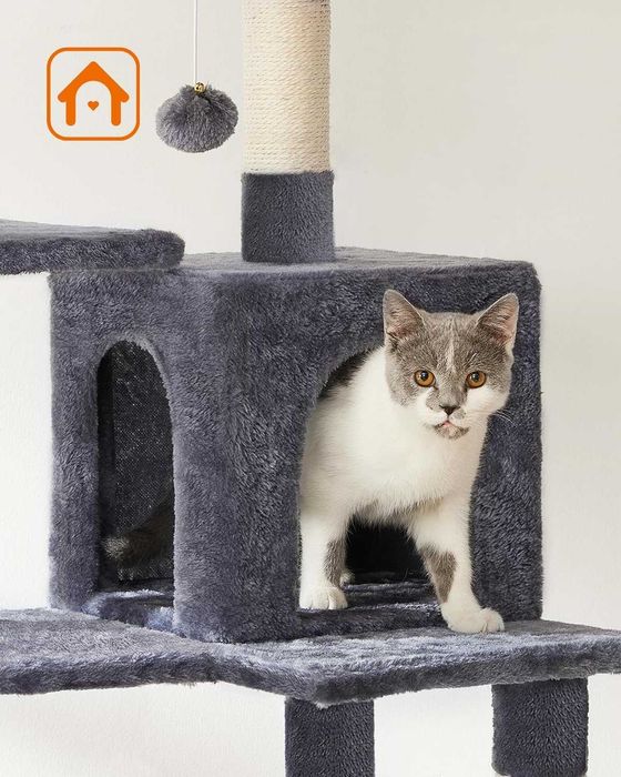 DUŻY Solidny Drapak dla kota XXL wielopoziomowy hamak jaskinia szary 4