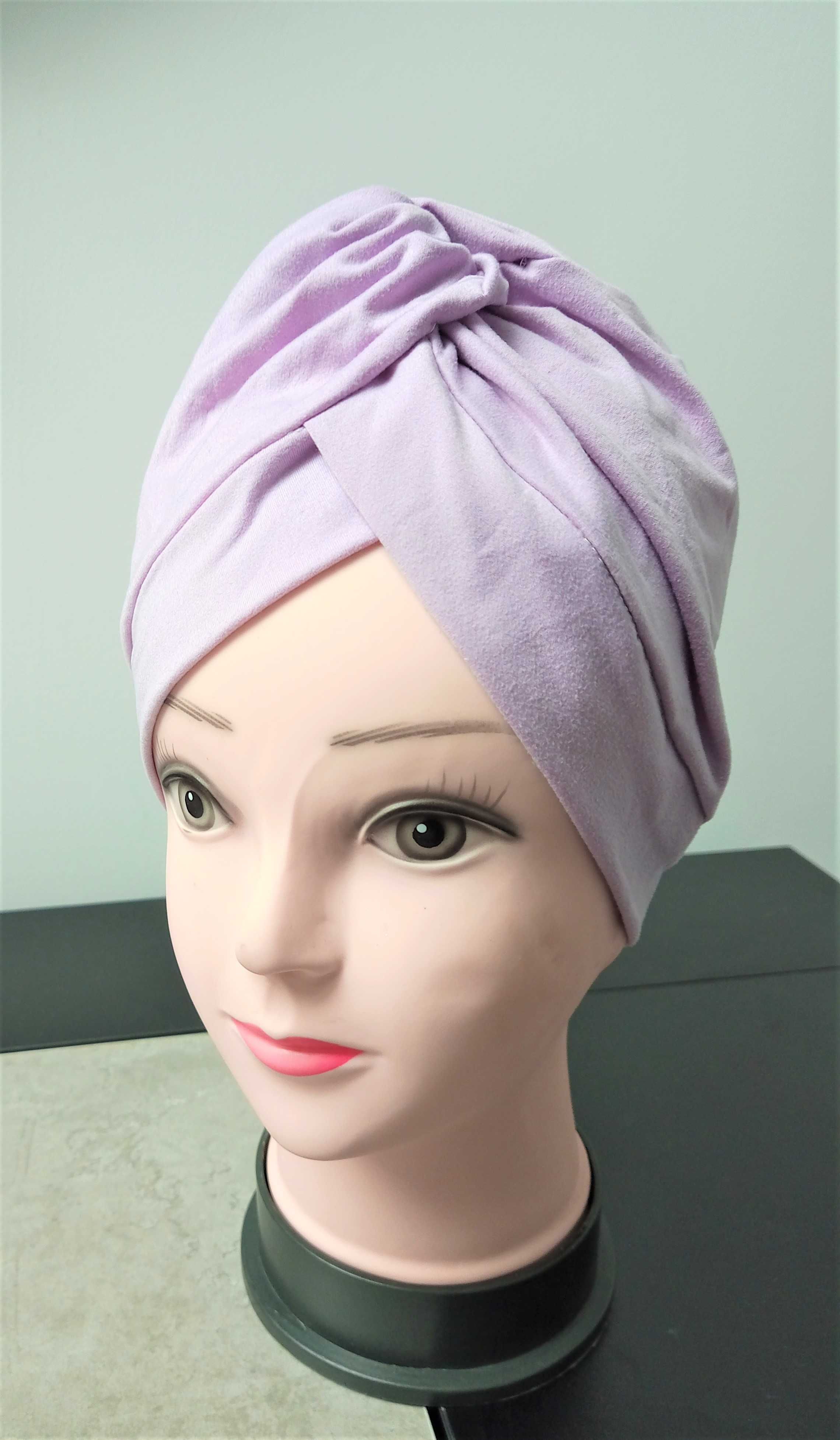 Czapka turban wiosenny damski fiolet liliowy handmade rozmiar 54