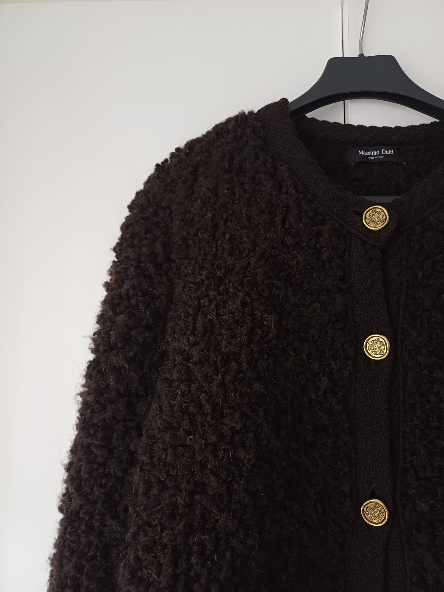 Massimo Dutti kardigan wełna alpaka brązowy sweter boucle złote guziki