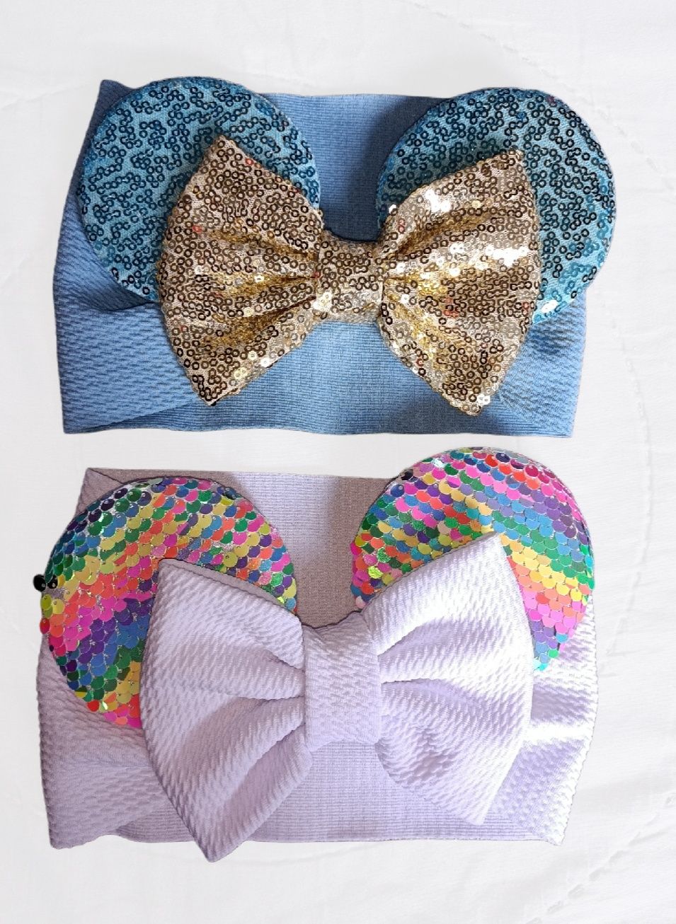 Opaska na uszy Minnie cekiny błękitna biała kokarda 2 lata