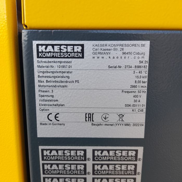 Sprężarka śrubowa Kaeser SK25 15kw 2.5m³ 8bar 2022rok