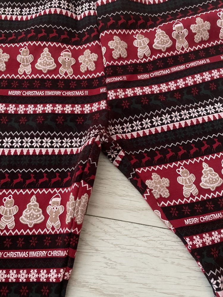 Grubsze czerwone legginsy na gumce świąteczne wzory 158 cm xs