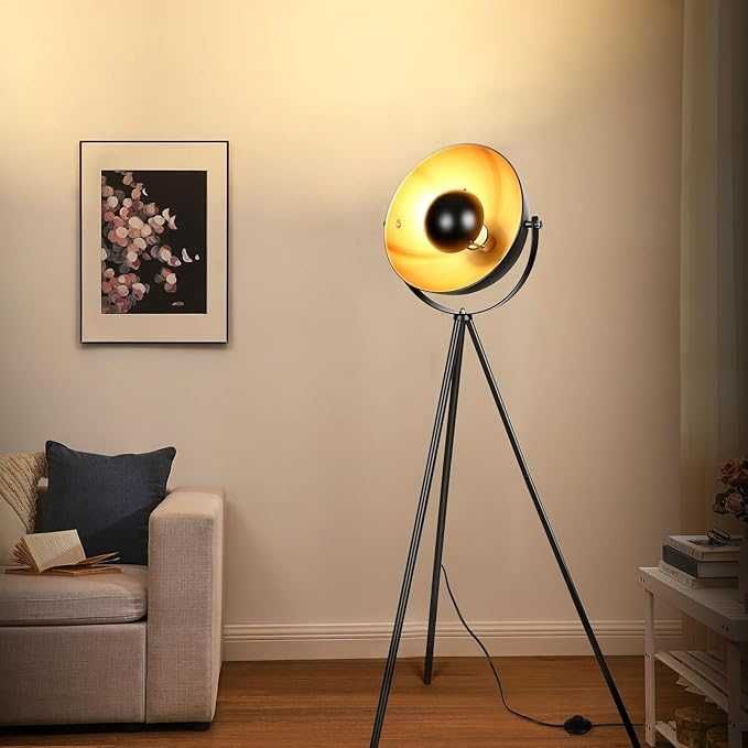 Retro lampa na trójnogu industrialna Lampa podłogowa czarno-złota