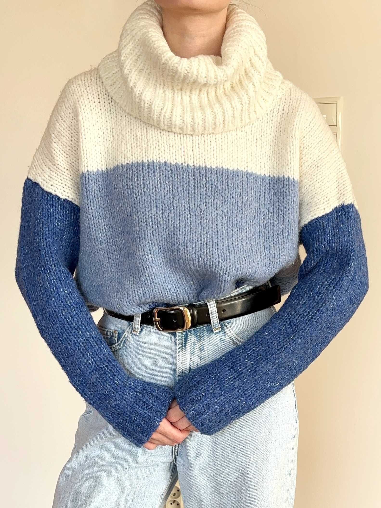 Wełniany sweter oversize w paski Reserved S 36 kremowy niebieski