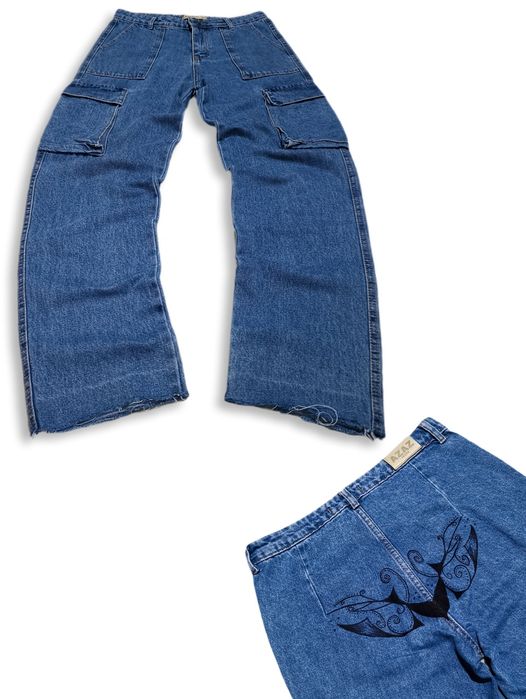 Spodnie jeansowe cargo baggy szerokie Tribal custom SWAG Skate y2k alt