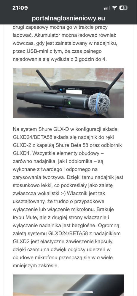 Sprzedam mikrofon bezprzewodowy shure beta glxd plus 3 aku karton