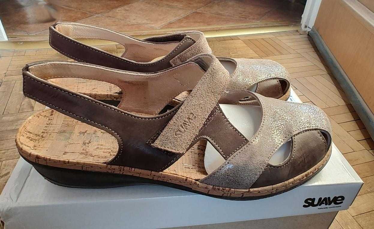 Piękne portugalskie sandały Suave, skóra 100%, beżowo-brązowe rozm. 40