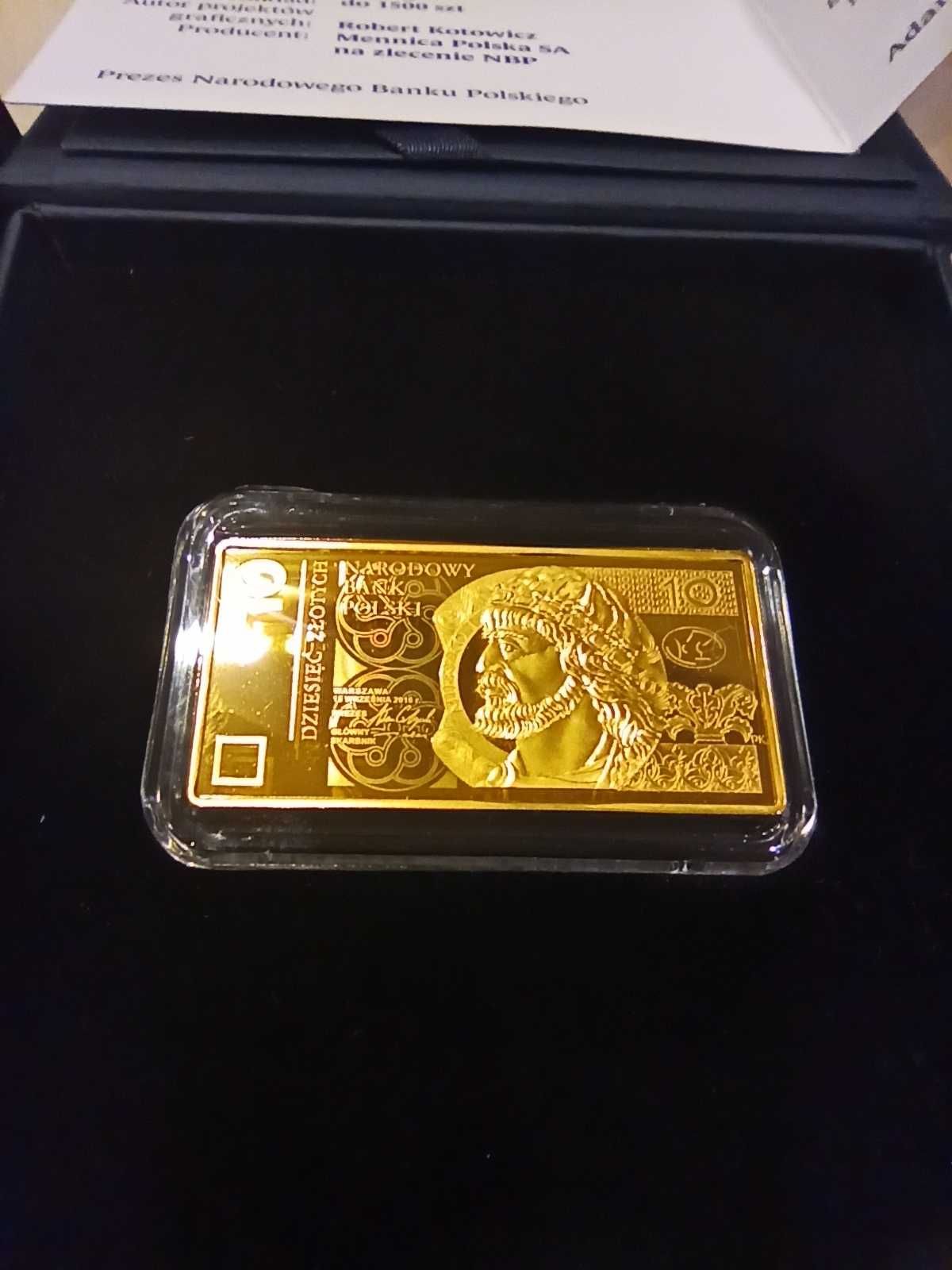 Złota moneta 10 zł POLSKIE BANKNOTY OBIEGOWE  + paragon