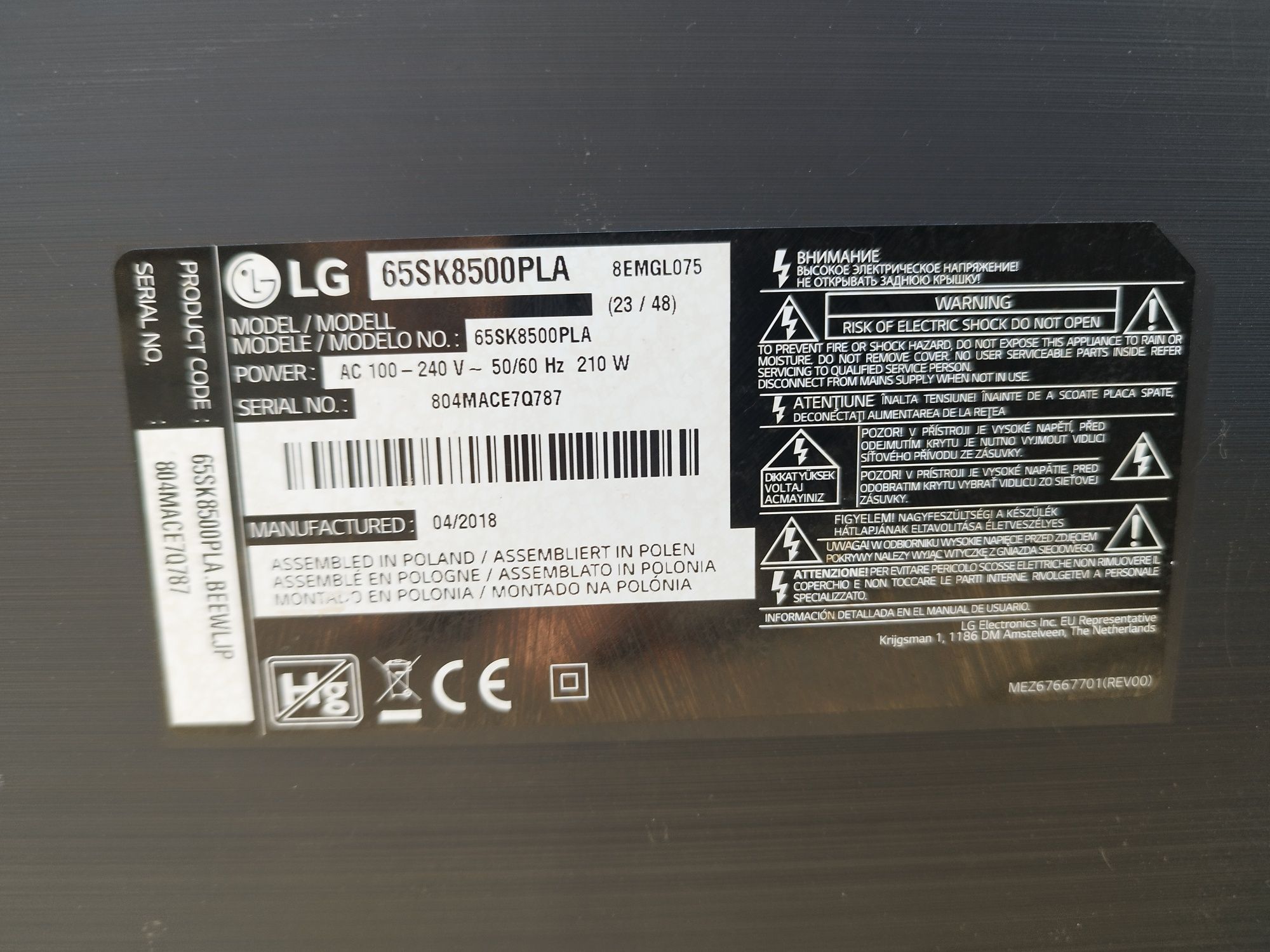 Telewizor LG 65SK8500PLA uszkodzony na części