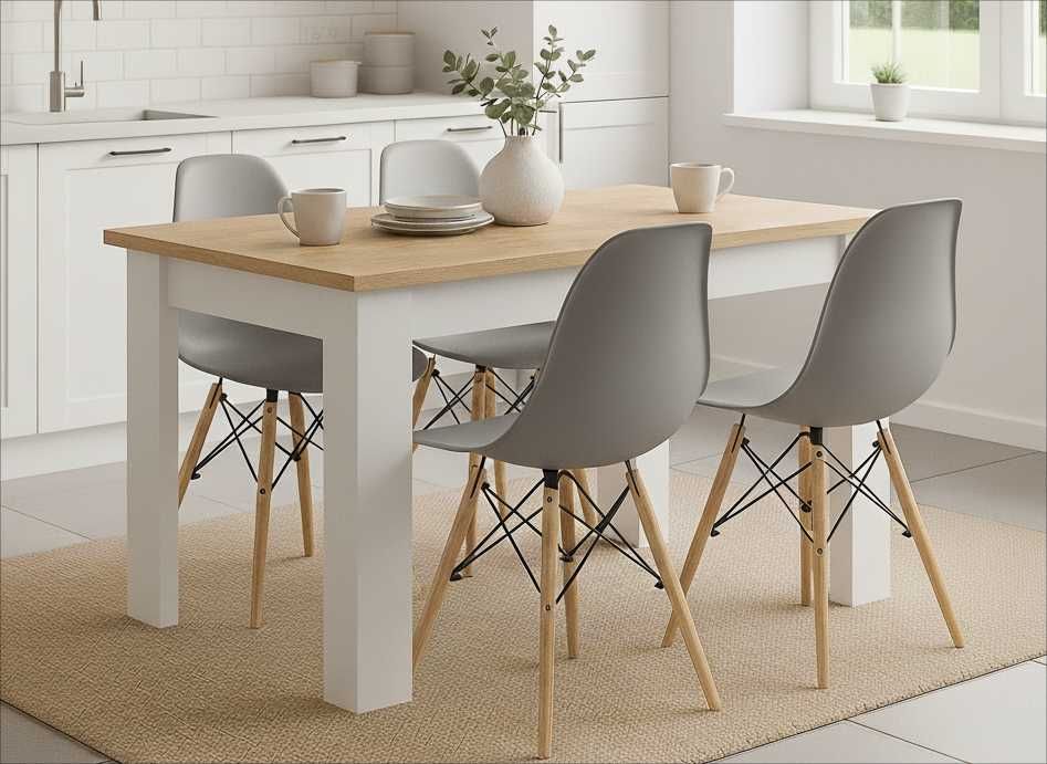 NOWY Stół z Krzesłami Drewniany do Kuchni Salonu Jadalni Biały Sonoma