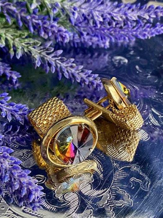 Винтаж! запонки з арбузним склом кристаллы Чехословакия