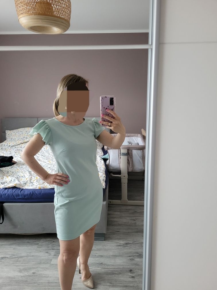 Sukienka mohito XS 34 miętowa bufki wesele petite motylki ołówkowa kom