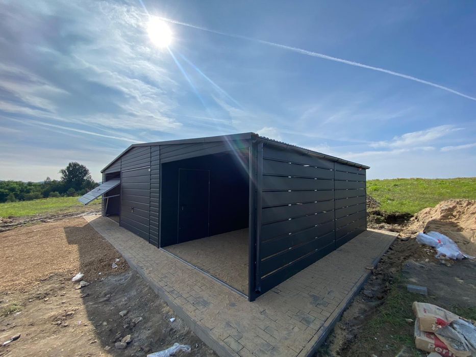 Garaż blaszany 6x5.8 plus wiata 3x5.8, grafit. Profil zamknięty.