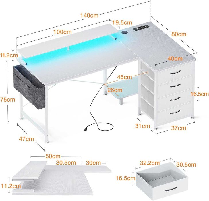 Mesa de gaming secretária branca  140 x 80 cm  LED e vários acessórios