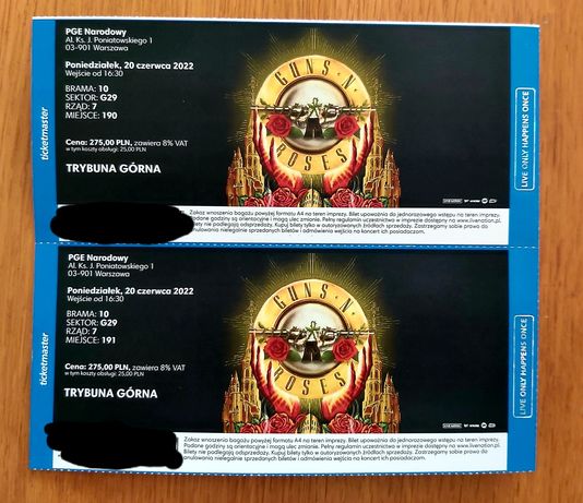 2 bilety na koncert Guns'n Roses, trybuna górna, miejsca obok siebie