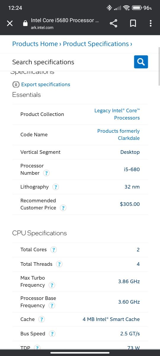 Processador Intel i5 680 3.6 GHz.