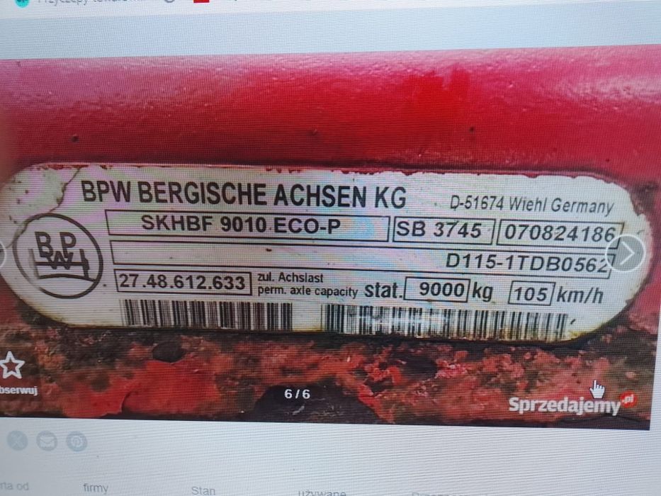 Oś osie BPW Eco Plus tarcza dlugosc 210 cm szerokosc belki 12cm