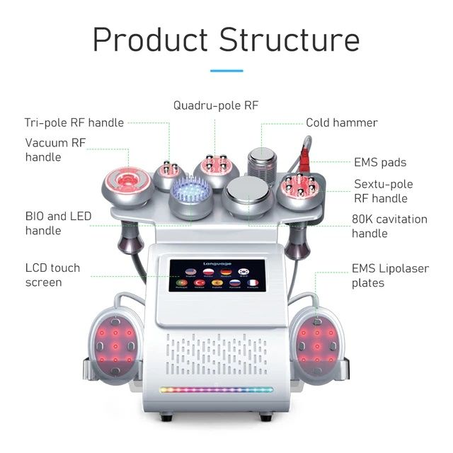 Multifunções 9 em 1 Cavitação 80k Radiofrequência Lipolaser EMS