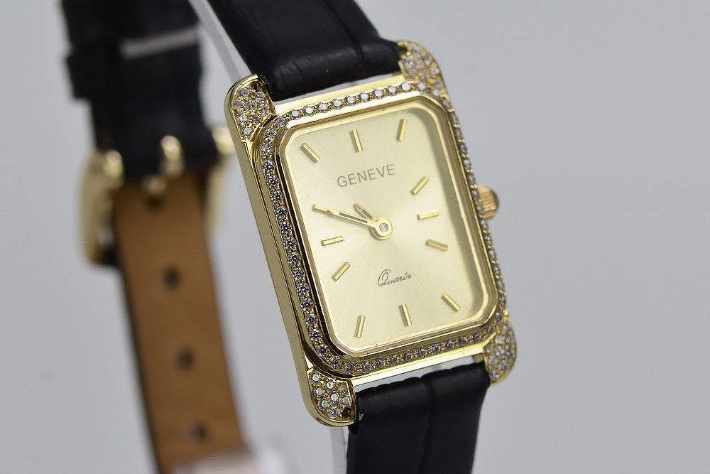 Prześliczny 14K 585 złoty prostokątny damski zegarek Geneve Gdańsk