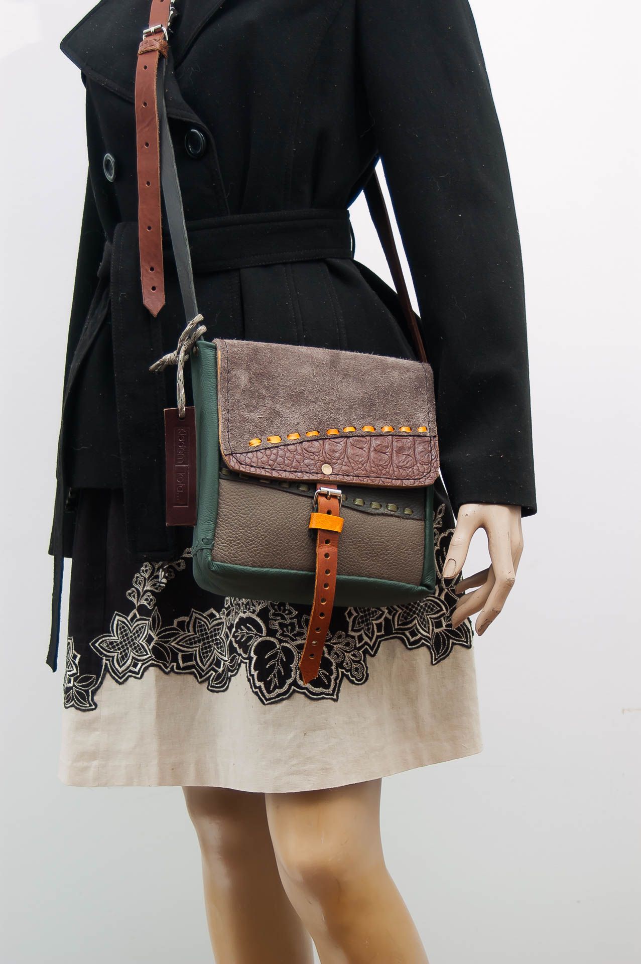 torebka zamszowy patchwork handmade leathercraft