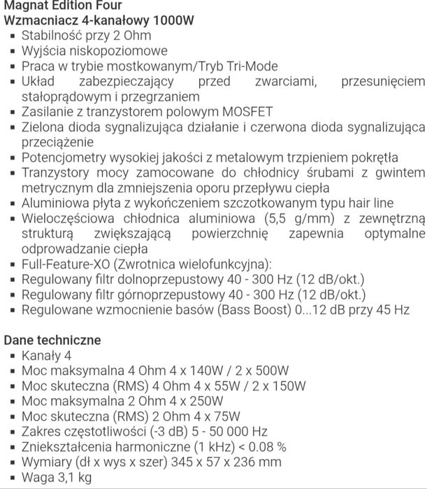 Wzmacniacz samochodowy Magnat Edition Four 1000W 4-kanałowy