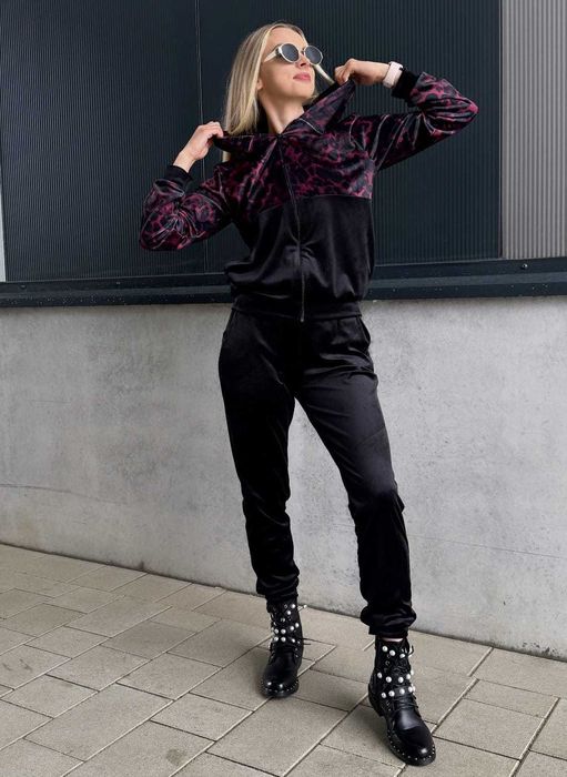 Dresy damskie welurowe w panterkę spodnie + bluza bordowe r.S wys.24h