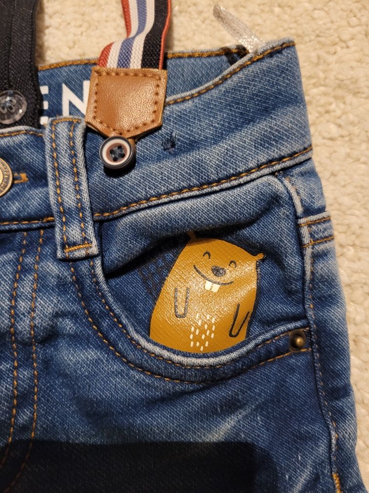 Nowe jeansy z szelkami, C&A, rozmiar 74, lisek