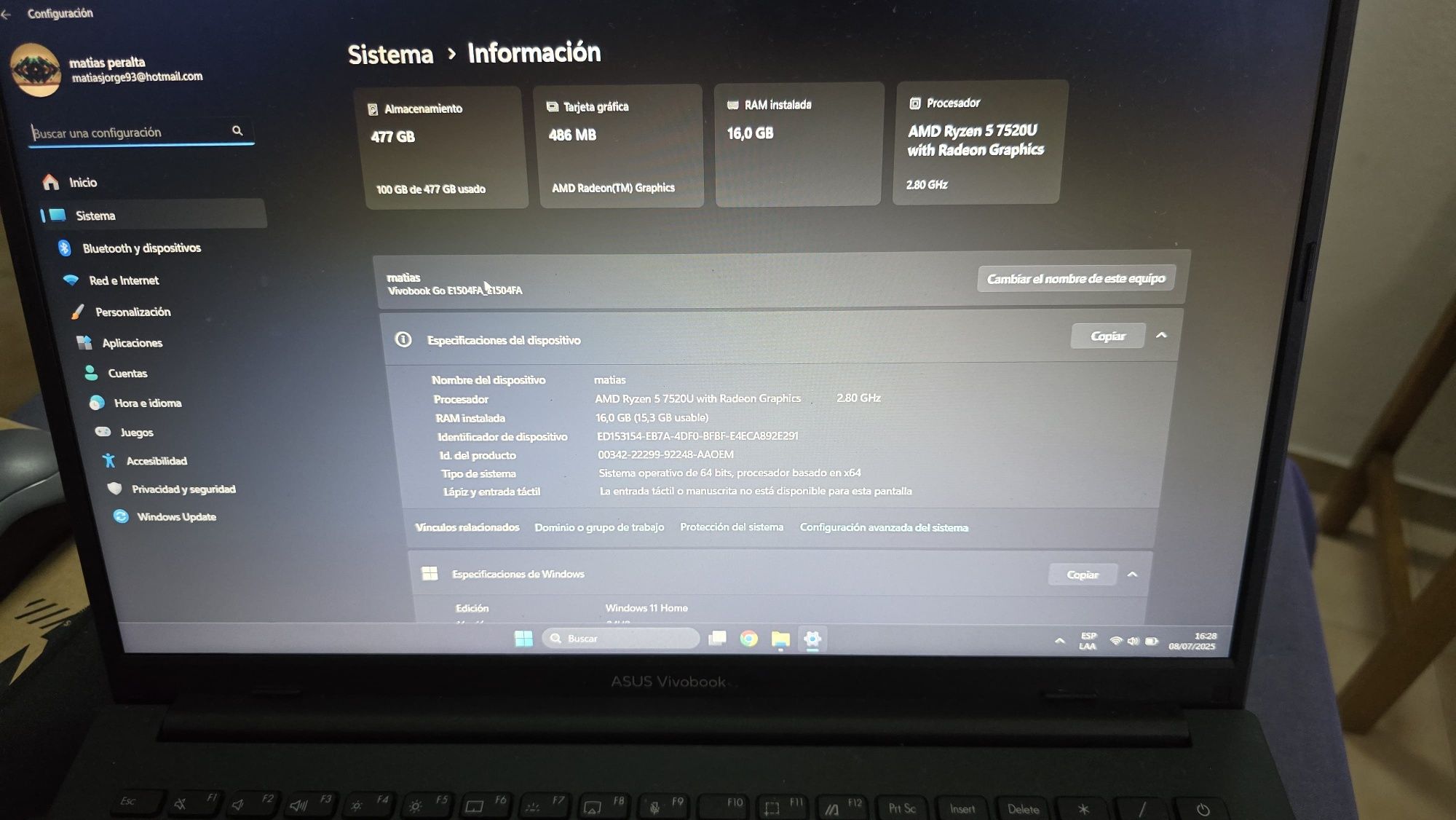 Portátil Asus vivobook  16gb de ram , AMD ryzen 5  7520u