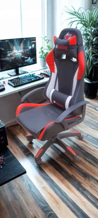 Fotel obrotowy czarno-czerwono-biały, eko skóra, poduszka po plecy F7