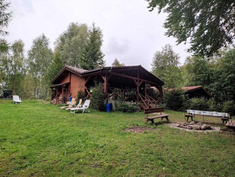 Drewniany domek z kominkiem, ładnym widokiem na jezioro, klima,