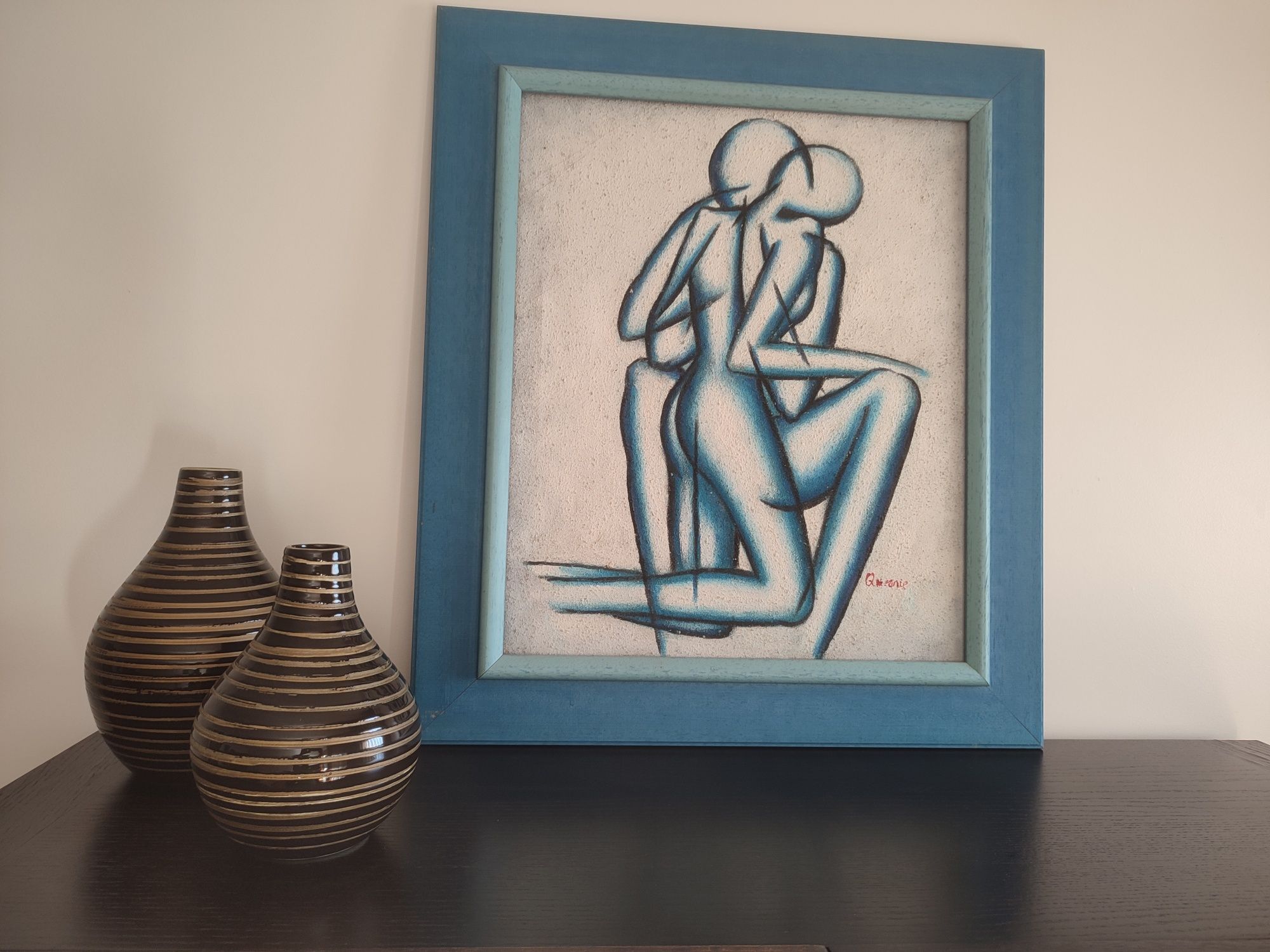 Pintura a óleo em areia, com moldura azul