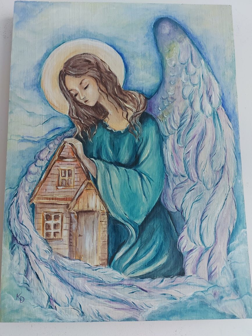 Anioł  opiekun domu, ręcznie malowany na desce