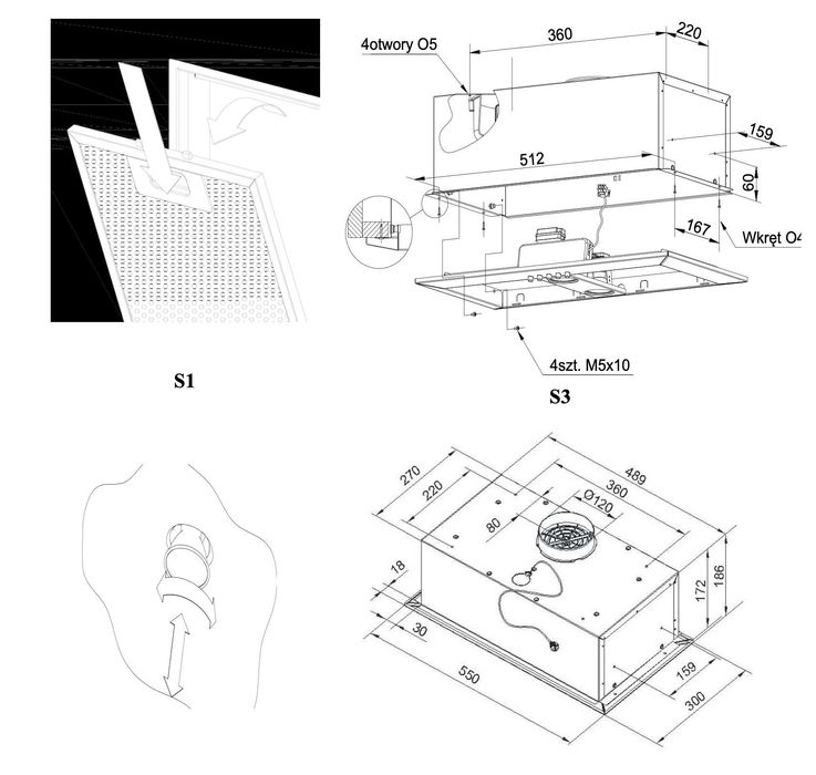 Okap do zabudowy KERNAU KBH 07551X LED Otwór montażowy: 489x270