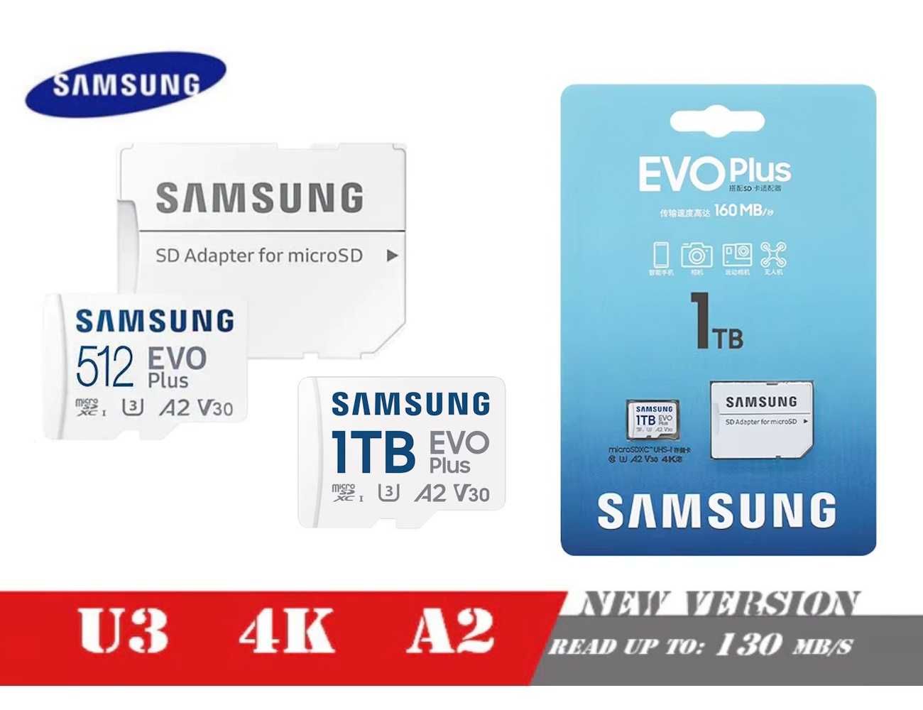 Карта пам'яті Samsung EVO Plus 512GB, 1TB microSDXC UHS-I U3 V30 A2 4K
