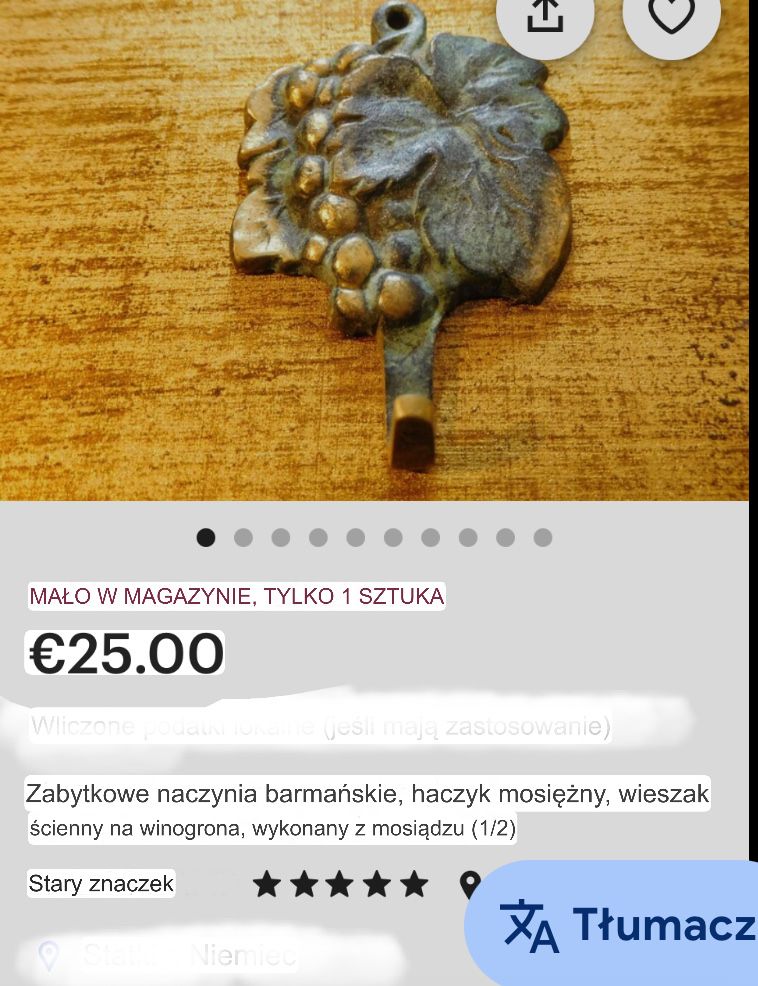 Mosieżna dekoracja haczyk