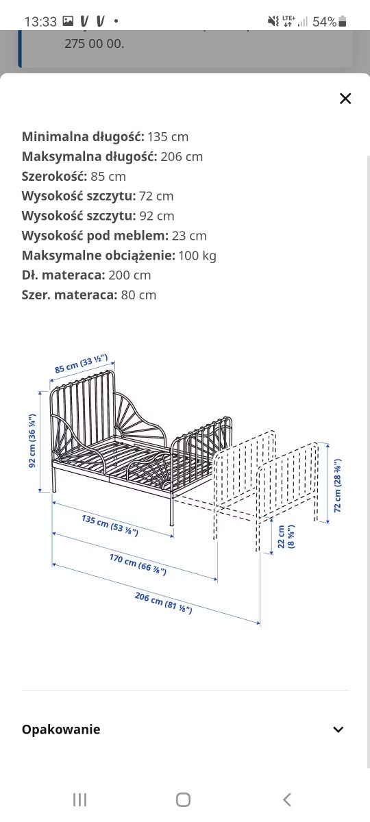 Łóżko metalowe  z materacem Ikea