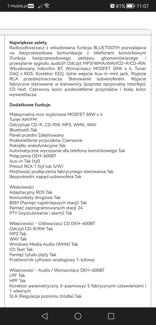 Radio samochodowe Pioneer deh-600bt