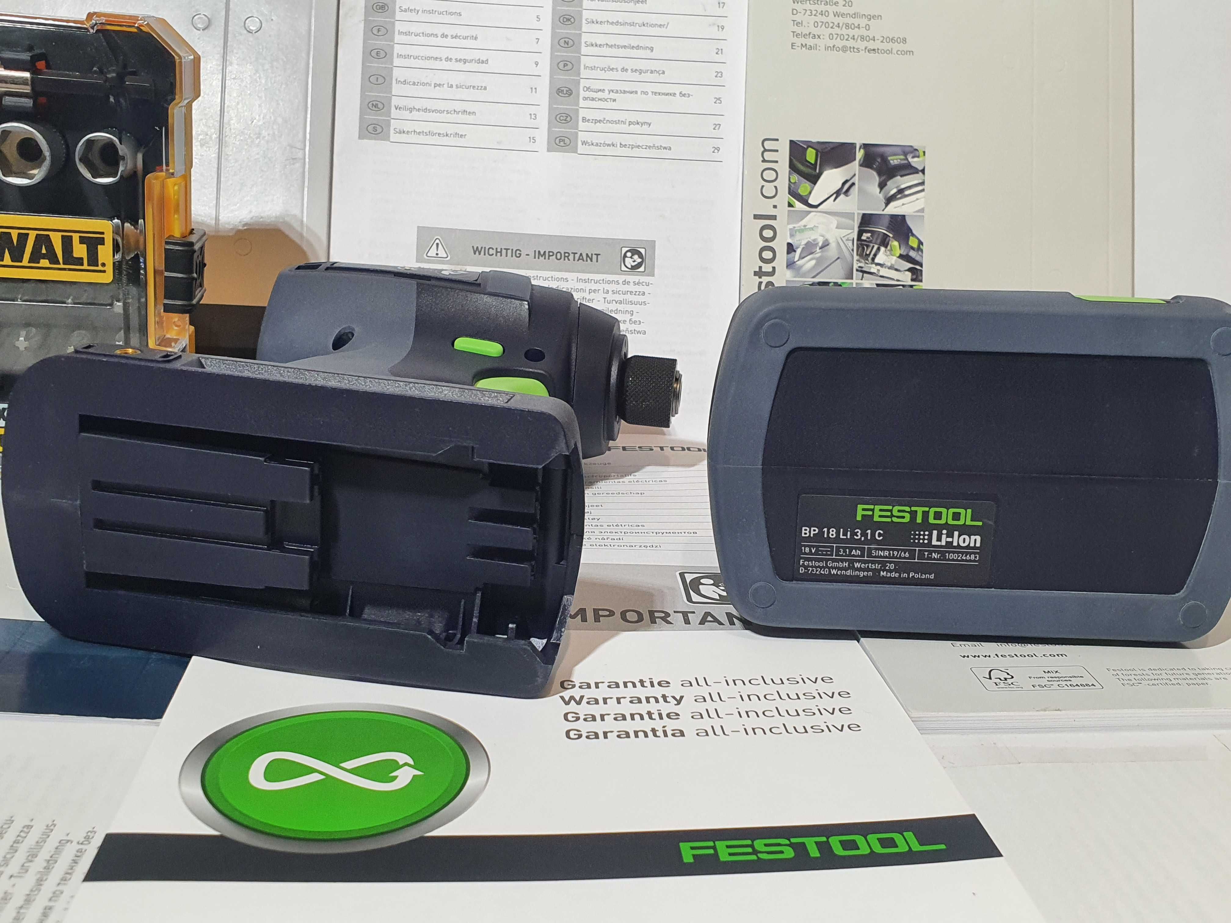 Super zestaw FESTOOL TID 18 zakrętarka udar +aku 18v 3,1Ah bity DEWALT