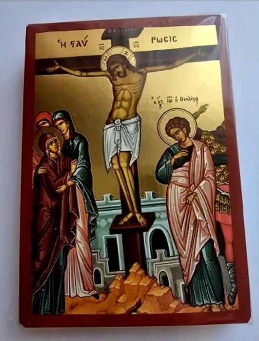 Ikona GRECKA na desce Ukrzyżowanie Jezusa Chrystusa.