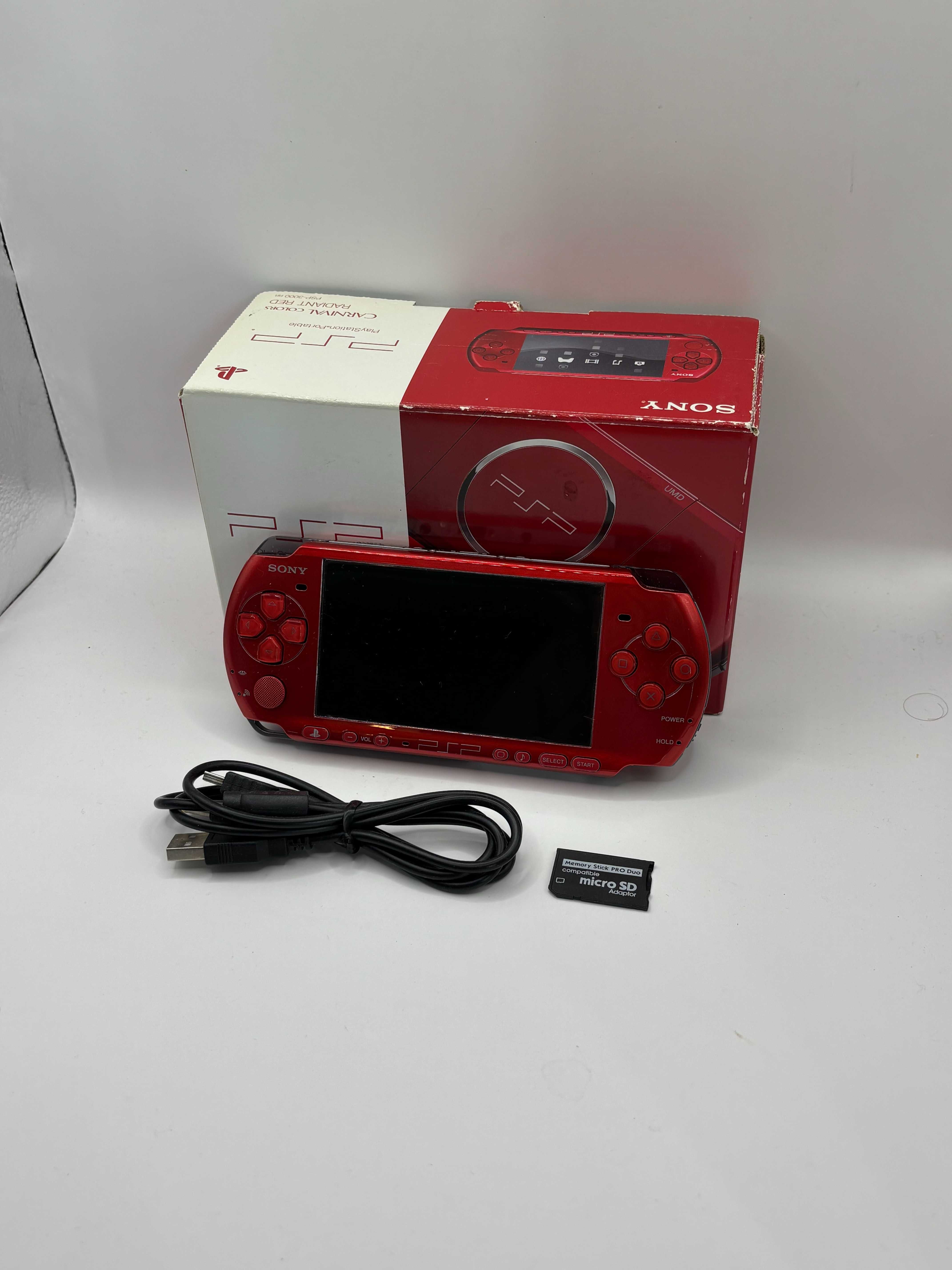 czerwona konsola PSP 3000 slim pudełko + adapter + kabel stan IDEALNY