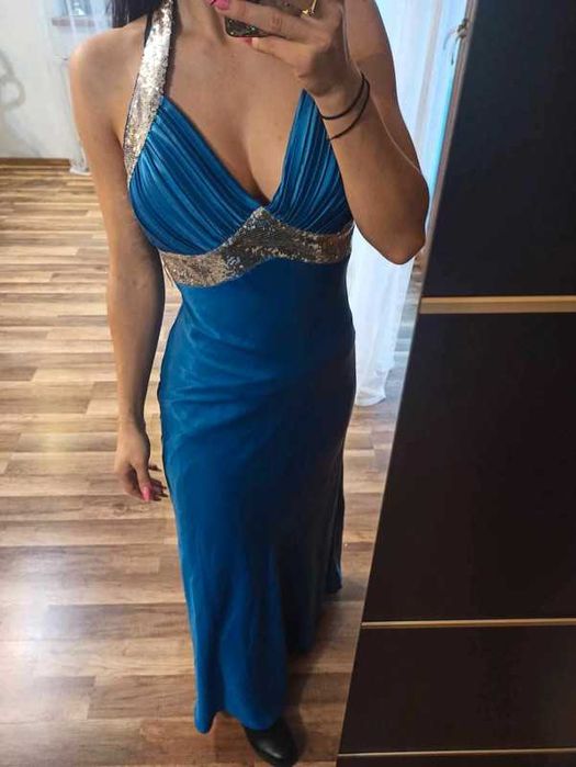 Niebieska długa S SUKIENKA wieczorowa z cekinami błyszcząca  glamour