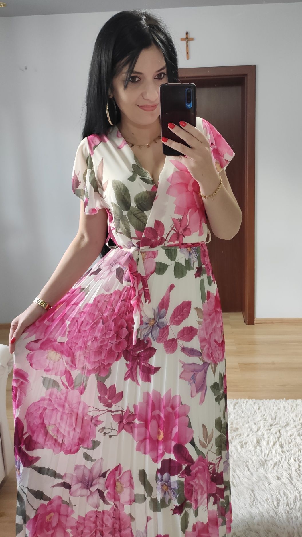 Sukienka długa maxi w kwiaty plisowany dół wesele impreza chrzciny