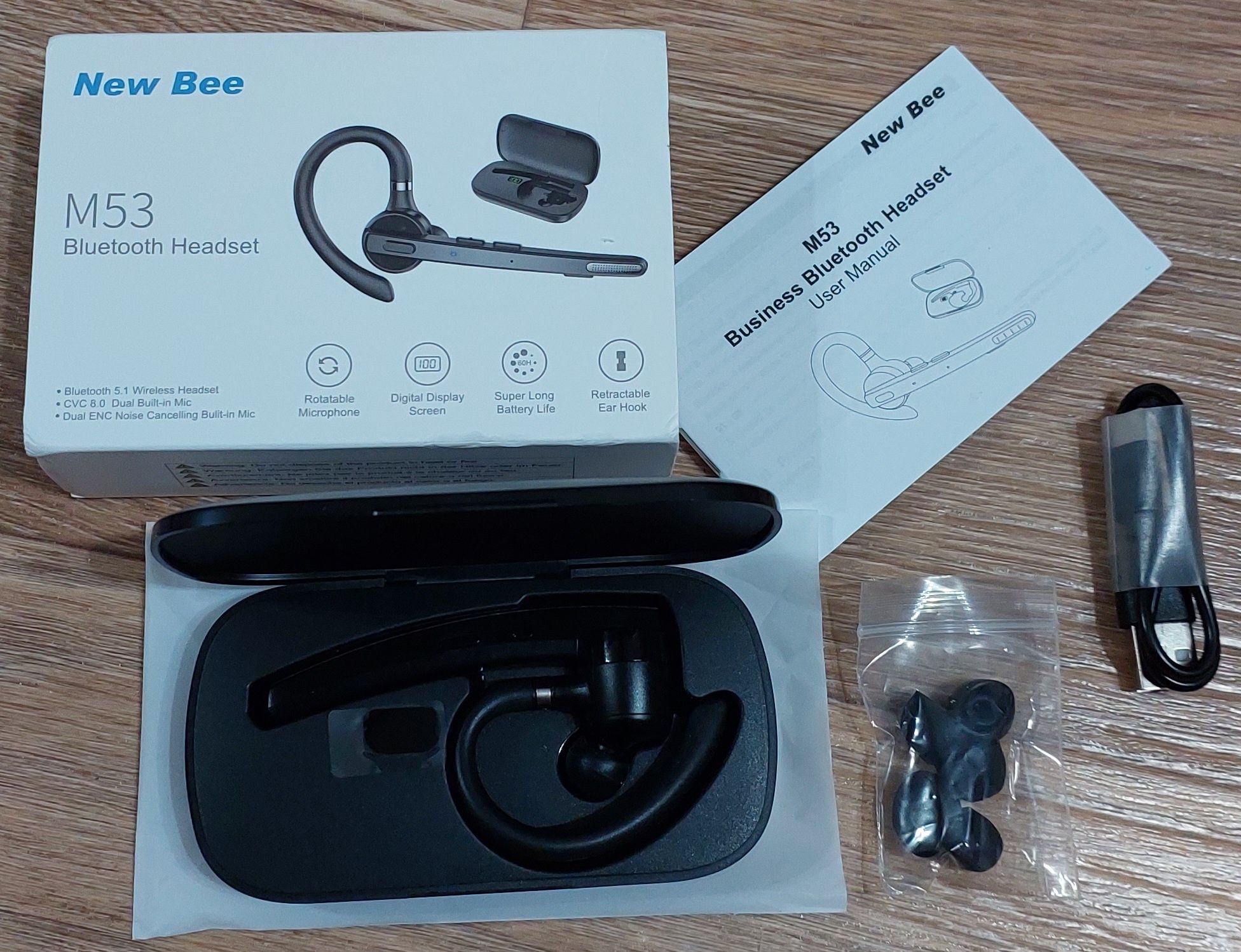 (НОВЫЙ) Bluetooth гарнитура New Bee M53 Black En + кейс блютуз