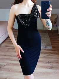 Nowa sukienka z cekinami na studniówkę czarna krótka na jedno ramię 34