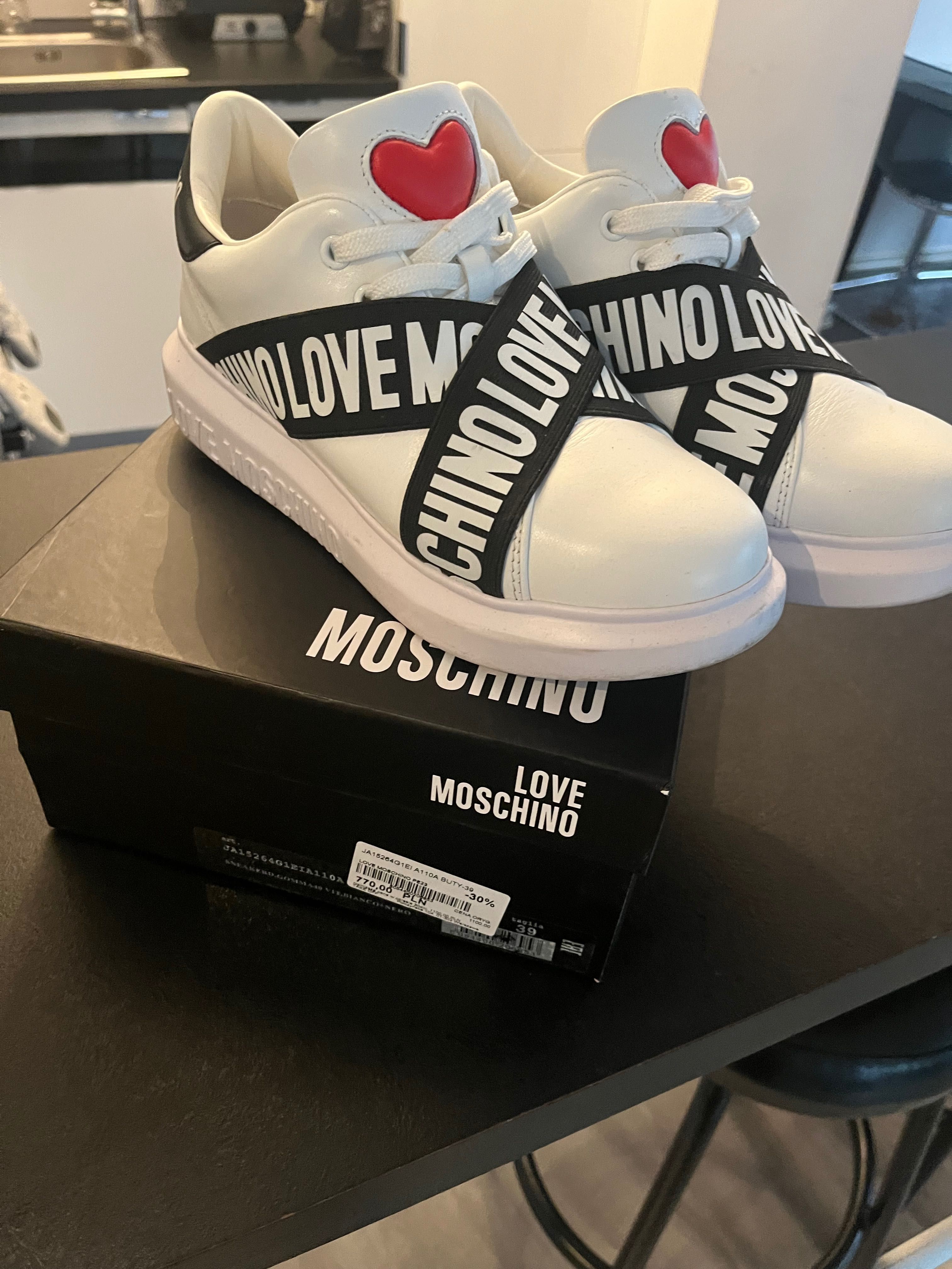 Love moschino nowe oryginał paragon białe sneakersy czarne napisami 39